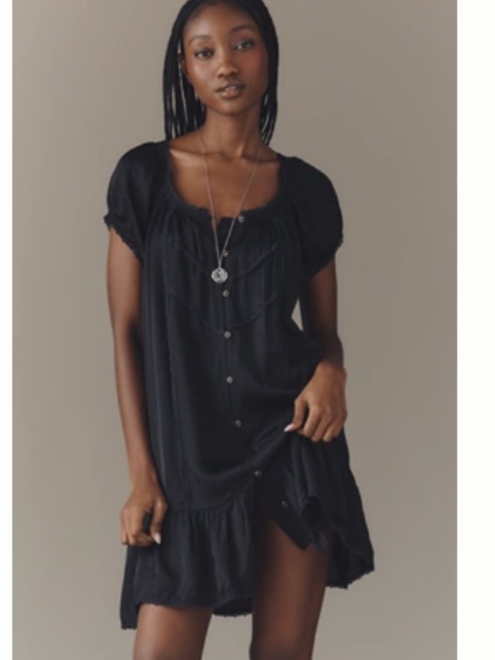 Anthropologie Amber Short Sleeve Silken Black Short Button-Front Mini Dress